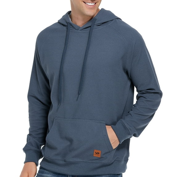 VICT POPU Men's Casual Hooded Pullover, Long-Sleeved Plaid Jacquard Large-Pocket hoodie, Solid Color Simple Hooded Sweatshirt,Dark Grey Blue,M