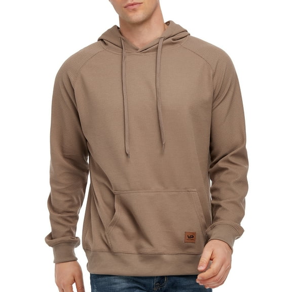 VICT POPU Men's Casual Hooded Pullover, Long-Sleeved Plaid Jacquard Large-Pocket hoodie, Solid Color Simple Hooded Sweatshirt,Khaki,XXL