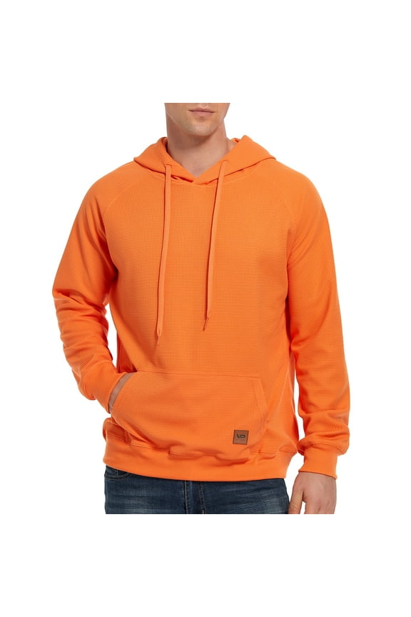 Men's Casual Hooded Pullover, Long-Sleeved Plaid Jacquard Large-Pocket hoodie, Solid Color Simple Hooded Sweatshirt,Orange,XL
