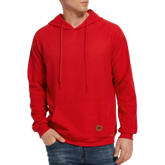 VICT POPU Men's Casual Hooded Pullover, Long-Sleeved Plaid Jacquard Large-Pocket hoodie, Solid Color Simple Hooded Sweatshirt,Red,XXL