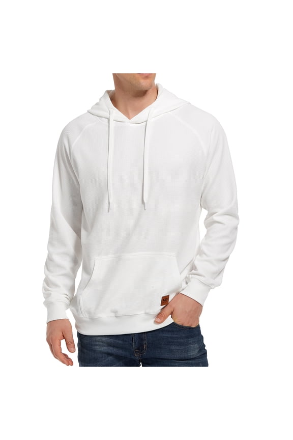 Men's Casual Hooded Pullover, Long-Sleeved Plaid Jacquard Large-Pocket hoodie, Solid Color Simple Hooded Sweatshirt，White，L