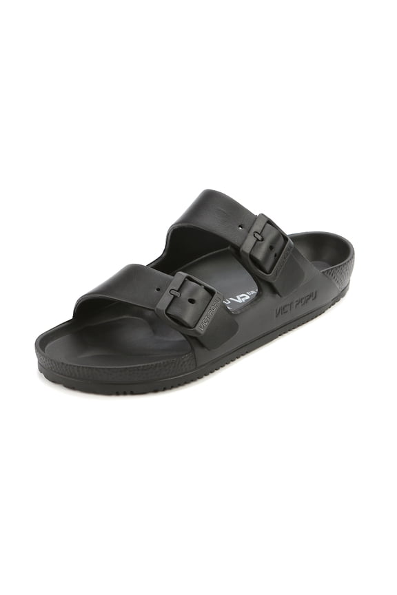 Womens Sandals Adjustable Double Buckle Strap Waterproof EVA Flat Slides，BLACK,Sizes 6