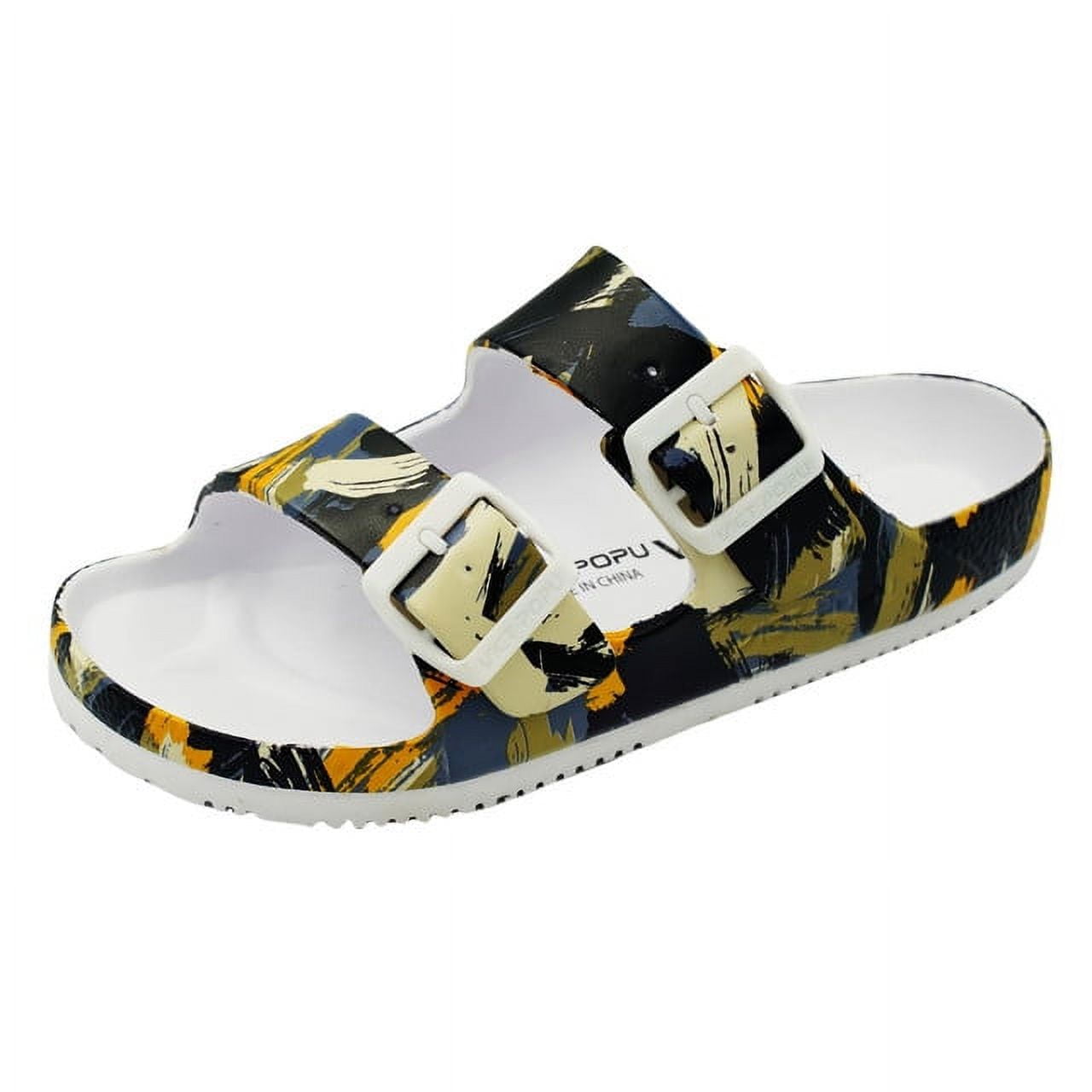 VICT POPU Womens Sandals Adjustable Double Buckle Strap Waterproof EVA Flat Slides，BORING INK,Sizes 7