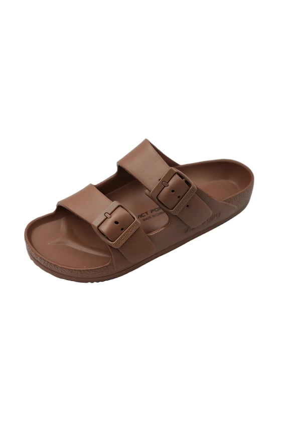 Womens Sandals Adjustable Double Buckle Strap Waterproof EVA Flat Slides，Brown,Sizes 11