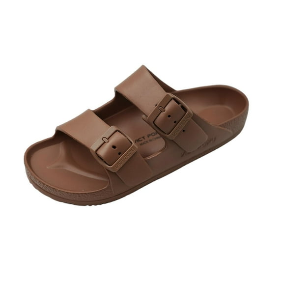 VICT POPU Womens Sandals Adjustable Double Buckle Strap Waterproof EVA Flat Slides，Brown,Sizes 9