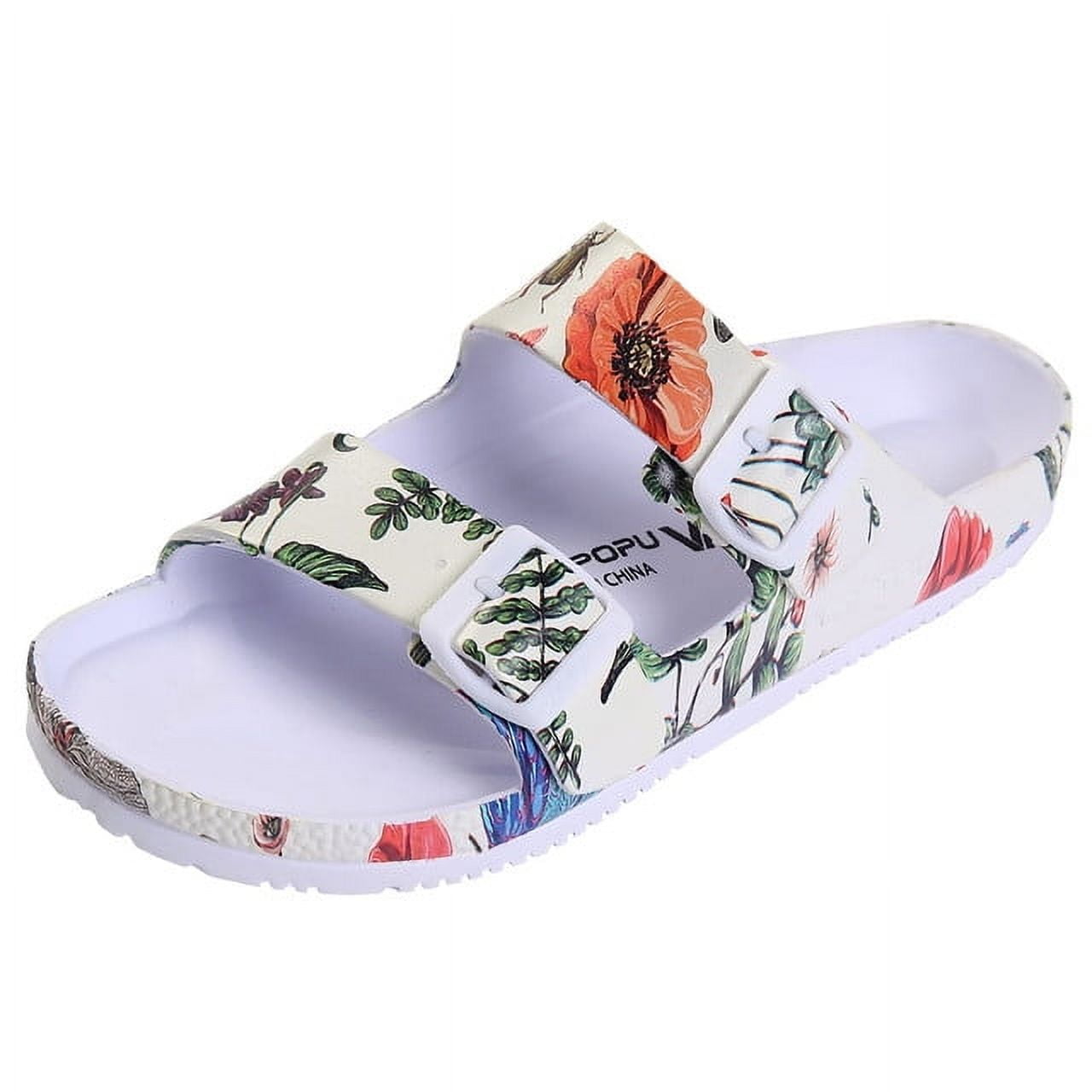 VICT POPU Womens Sandals Adjustable Double Buckle Strap Waterproof EVA Flat Slides，DRAGONFLY BEIGE,Sizes 8