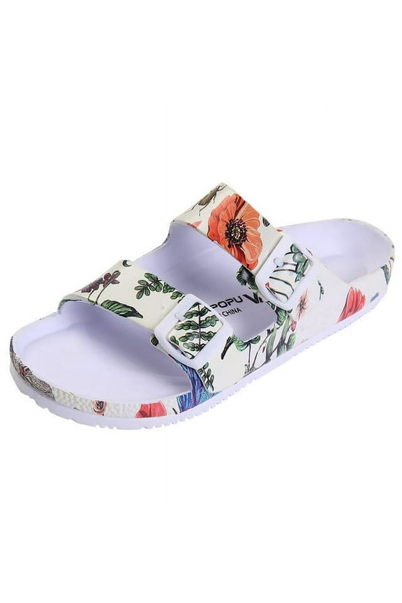 Womens Sandals Adjustable Double Buckle Strap Waterproof EVA Flat Slides，DRAGONFLY BEIGE,Sizes 8