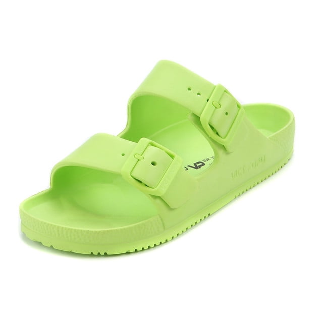 VICT POPU Womens Sandals Adjustable Double Buckle Strap Waterproof EVA Flat Slides，Fluorescent Green，Sizes 6
