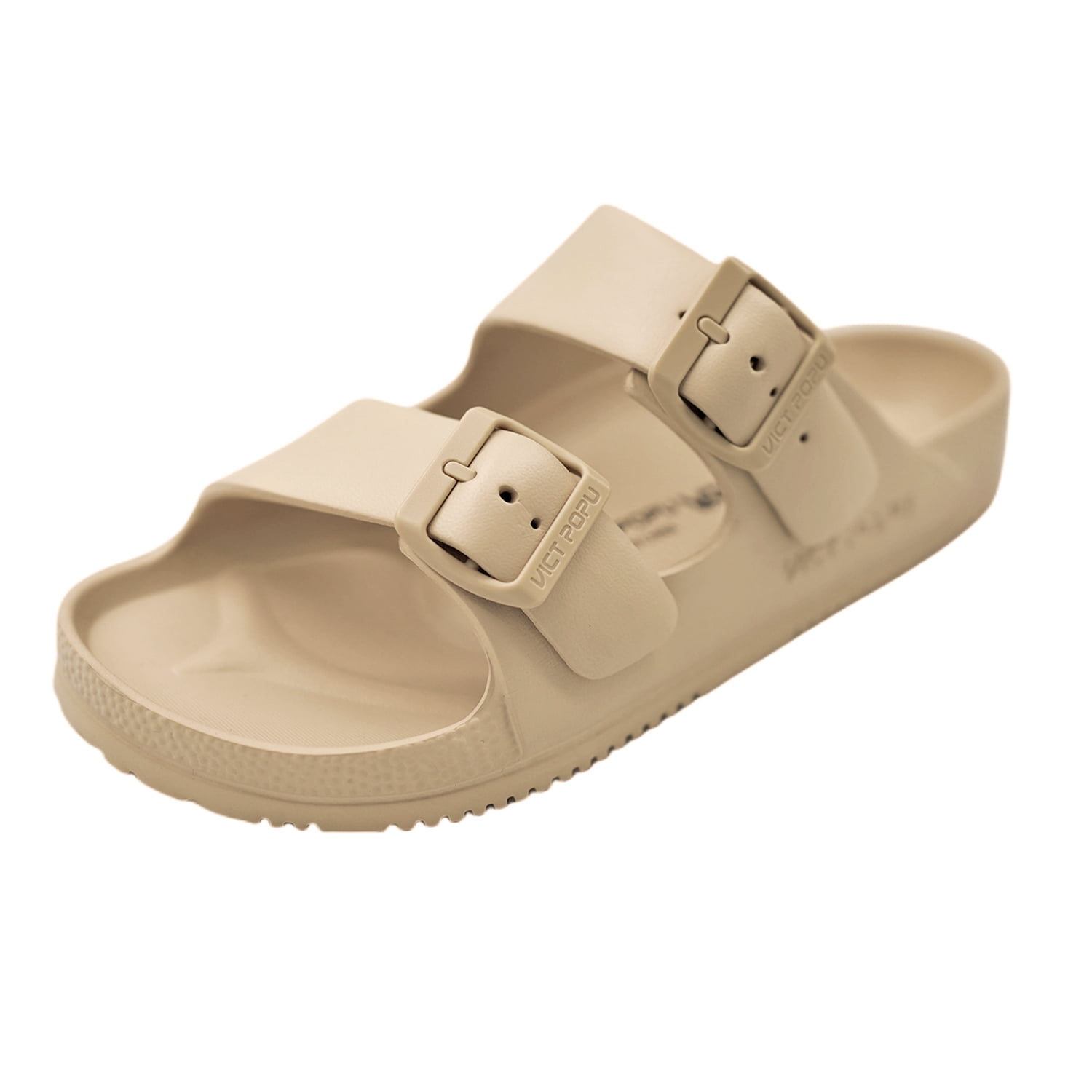 VICT POPU Womens Sandals Adjustable Double Buckle Strap Waterproof EVA Flat Slides，Khaki,Sizes 11