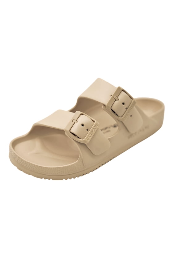 Womens Sandals Adjustable Double Buckle Strap Waterproof EVA Flat Slides，Khaki,Sizes 6