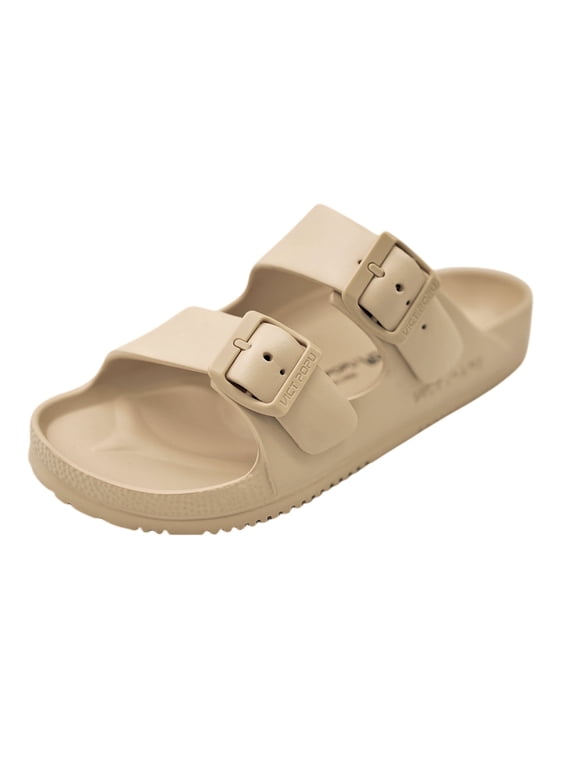 Womens Sandals Adjustable Double Buckle Strap Waterproof EVA Flat Slides,Khaki,Sizes 8