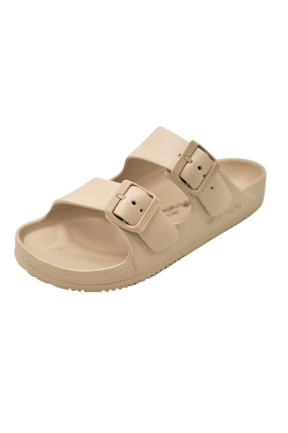 Womens Sandals Adjustable Double Buckle Strap Waterproof EVA Flat Slides,Khaki,Sizes 8