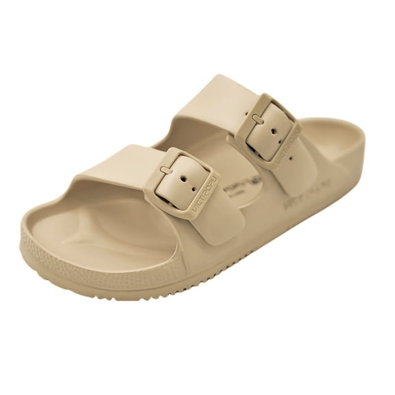 VICT POPU Womens Sandals Adjustable Double Buckle Strap Waterproof EVA Flat Slides，Khaki,Sizes 8