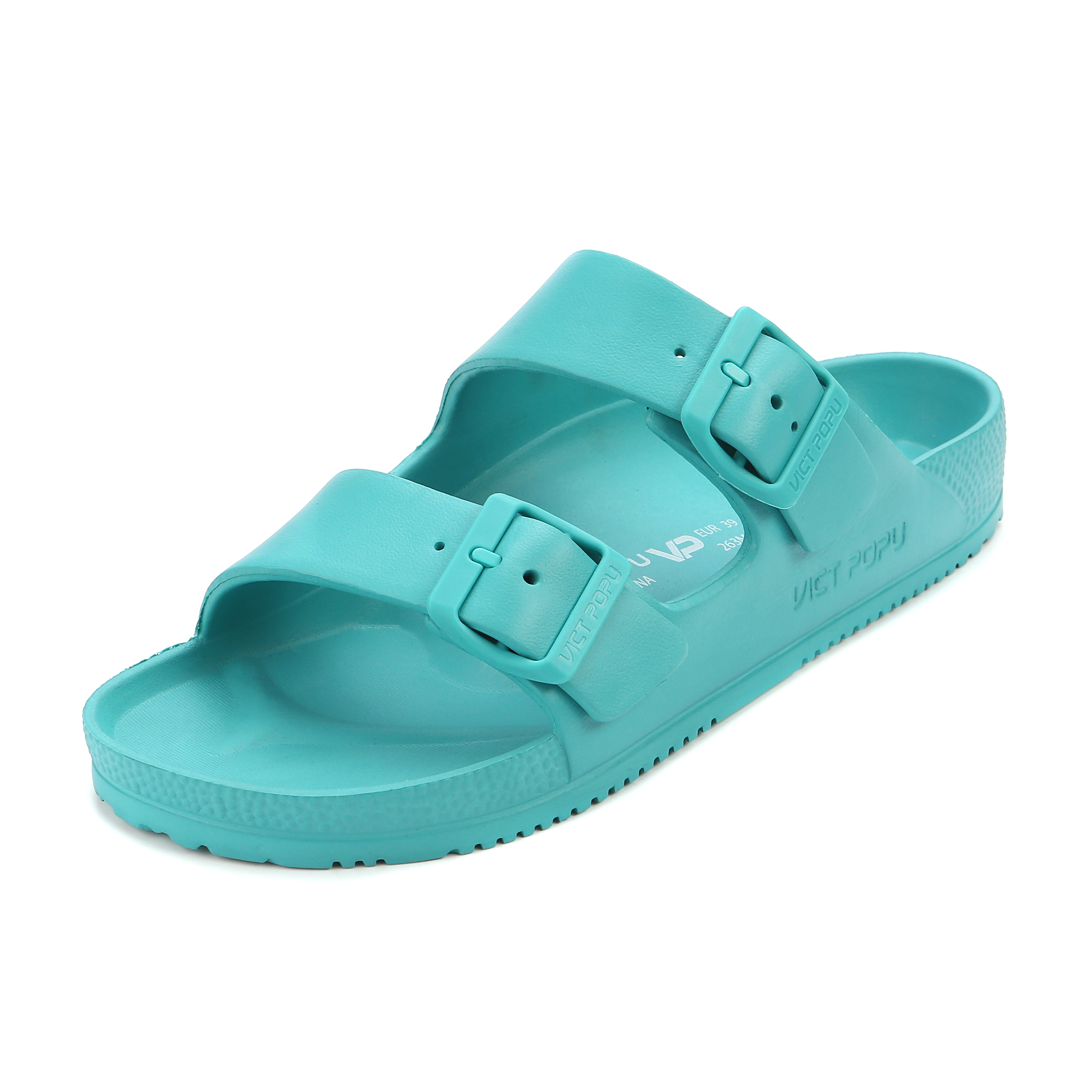 VICT POPU Womens Sandals Adjustable Double Buckle Strap Waterproof EVA Flat Slides，Lake Blue,Sizes 7