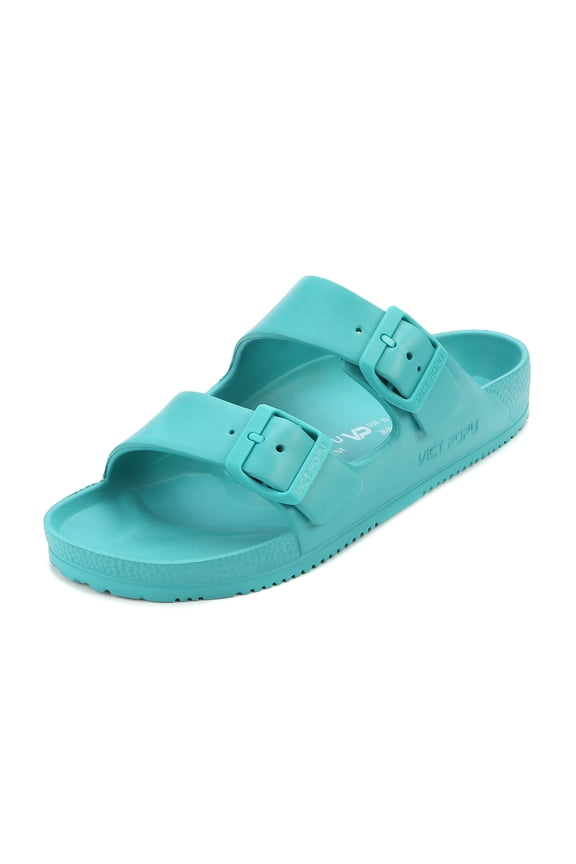 Womens Sandals Adjustable Double Buckle Strap Waterproof EVA Flat Slides,Lake Blue,Sizes 8