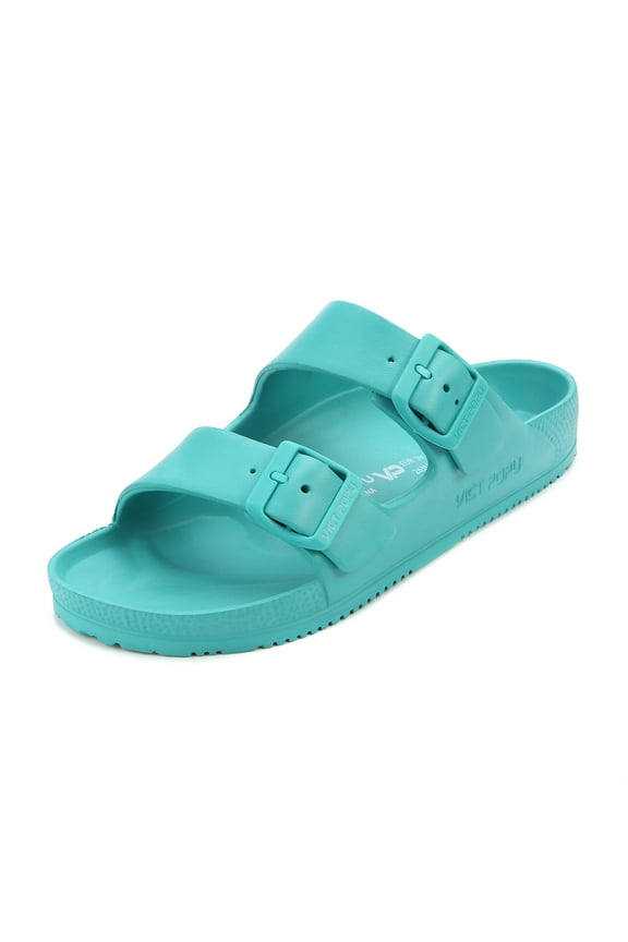 Womens Sandals Adjustable Double Buckle Strap Waterproof EVA Flat Slides,Lake Blue,Sizes 8
