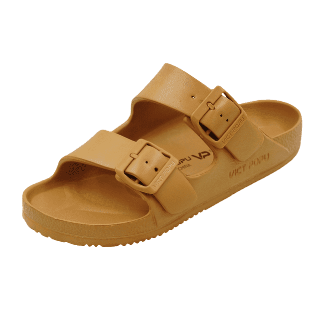 VICT POPU Womens Sandals Adjustable Double Buckle Strap Waterproof EVA Flat Slides，Light Brown，Sizes 9