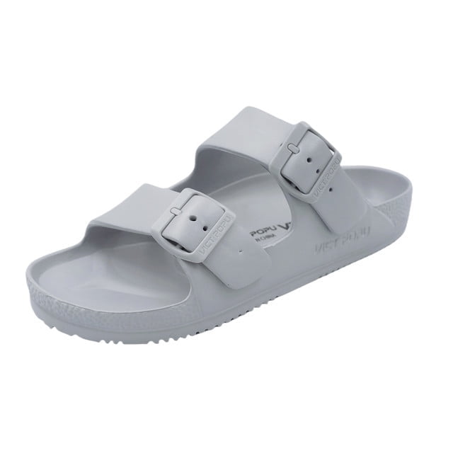 VICT POPU Womens Sandals Adjustable Double Buckle Strap Waterproof EVA Flat Slides，Light Grey，Sizes 6
