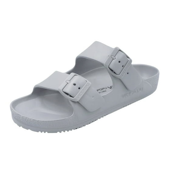 VICT POPU Womens Sandals Adjustable Double Buckle Strap Waterproof EVA Flat Slides,Light Grey,Sizes 6