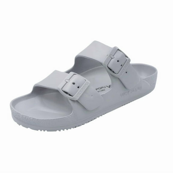 VICT POPU Womens Sandals Adjustable Double Buckle Strap Waterproof EVA Flat Slides,Light Grey,Sizes 7