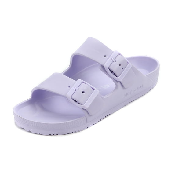 VICT POPU Womens Sandals Adjustable Double Buckle Strap Waterproof EVA Flat Slides,Light Purple,Sizes 6