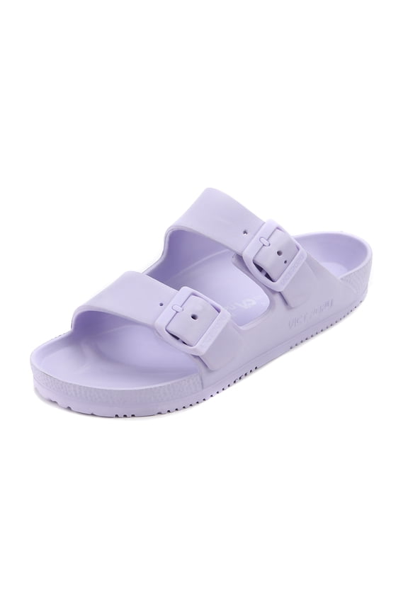 Womens Sandals Adjustable Double Buckle Strap Waterproof EVA Flat Slides,Light Purple,Sizes 7