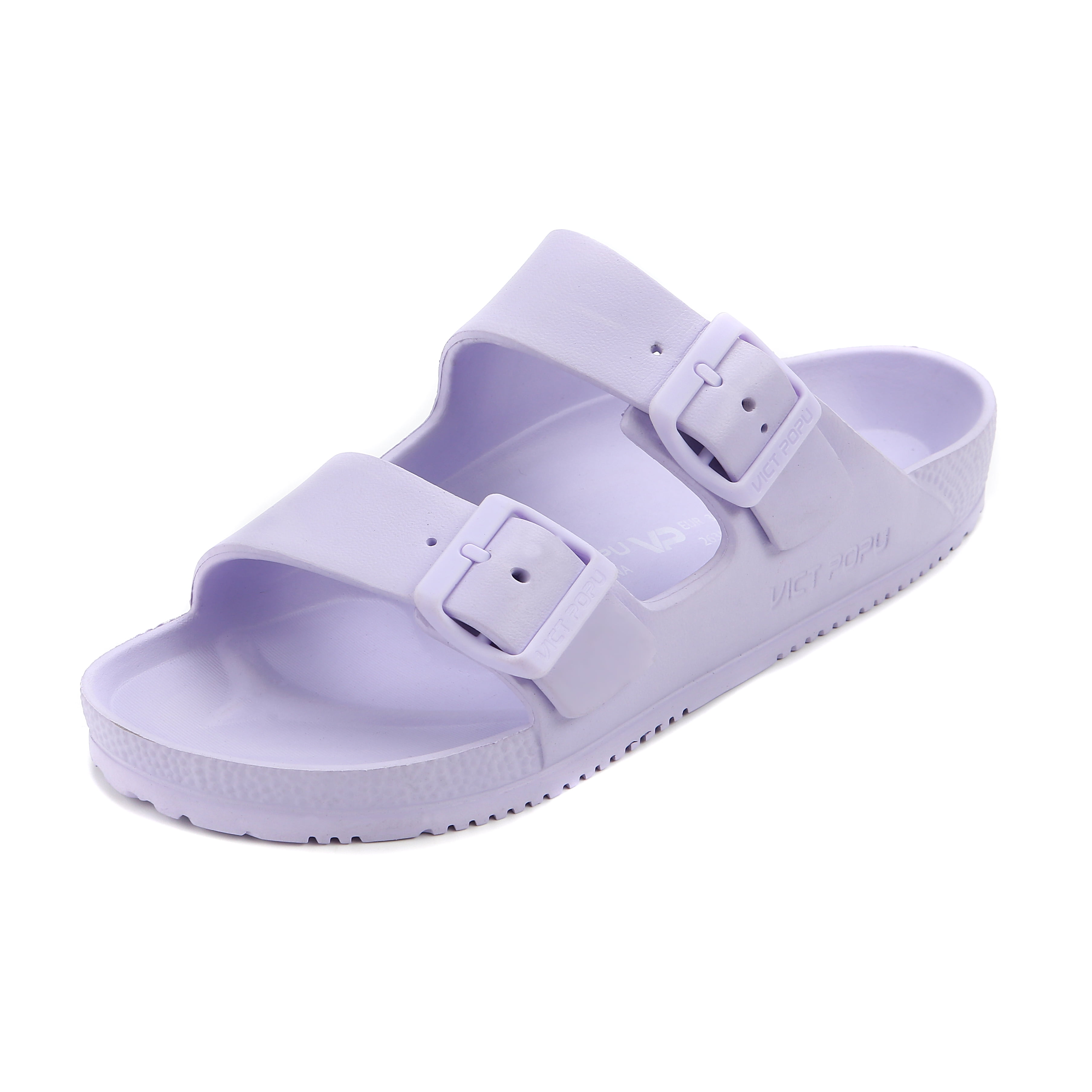 VICT POPU Womens Sandals Adjustable Double Buckle Strap Waterproof EVA Flat Slides，Light Purple,Sizes 9