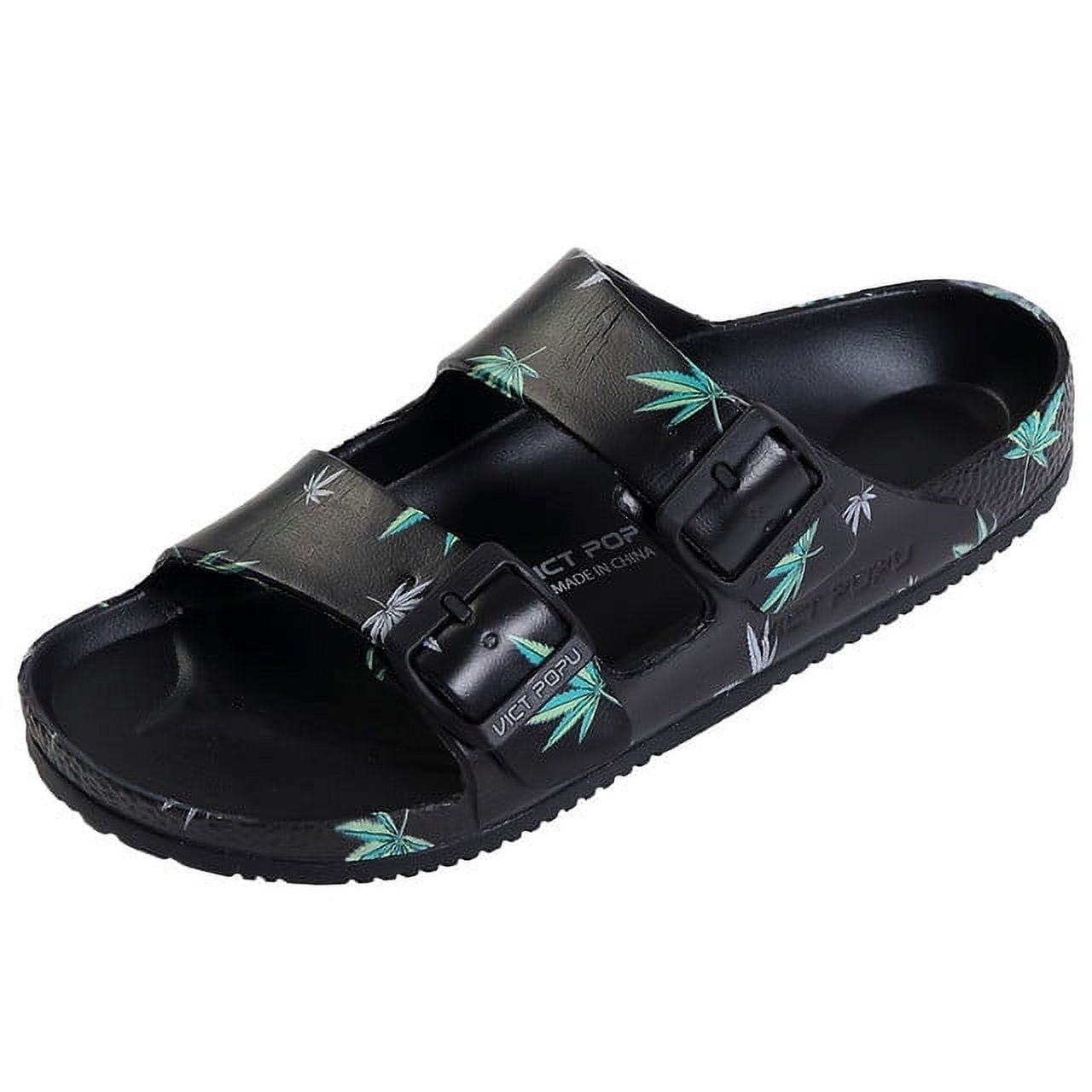 VICT POPU Womens Sandals Adjustable Double Buckle Strap Waterproof EVA Flat Slides，MAPLE LEAF BLACK,Sizes 11