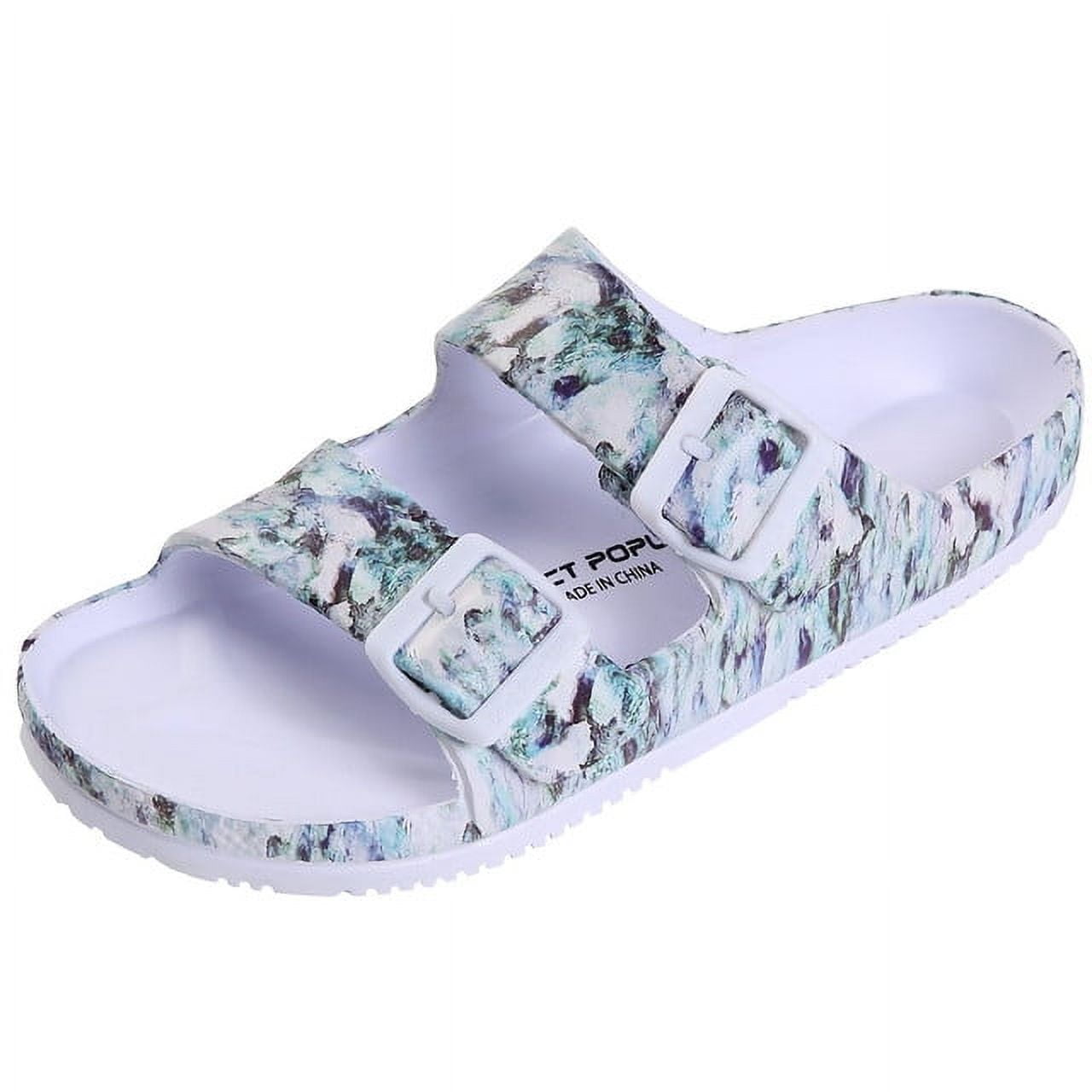 VICT POPU Womens Sandals Adjustable Double Buckle Strap Waterproof EVA Flat Slides，MARBLED GREEN,Sizes 8