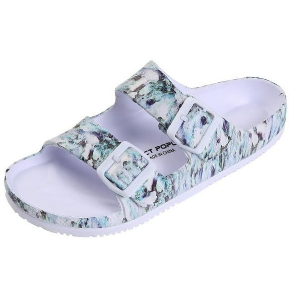 VICT POPU Womens Sandals Adjustable Double Buckle Strap Waterproof EVA Flat Slides，MARBLED GREEN,Sizes 9