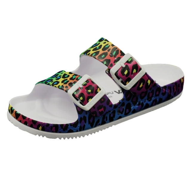 VICT POPU Womens Sandals Adjustable Double Buckle Strap Waterproof EVA Flat Slides，NEW LEOPARD,Sizes 8