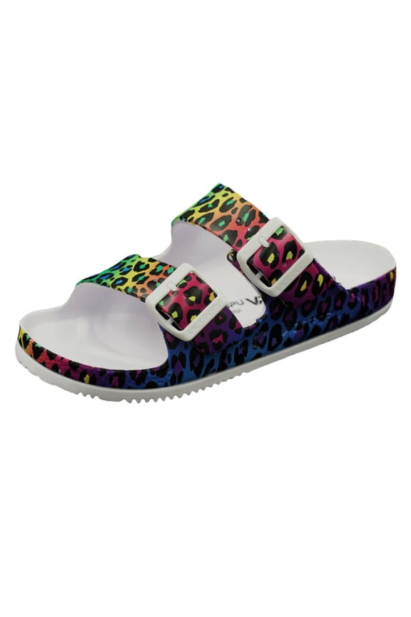 Womens Sandals Adjustable Double Buckle Strap Waterproof EVA Flat Slides,NEW LEOPARD,Sizes 9