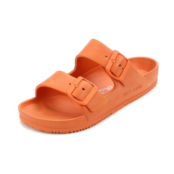 VICT POPU Womens Sandals Adjustable Double Buckle Strap Waterproof EVA Flat Slides，Orange,Sizes 11