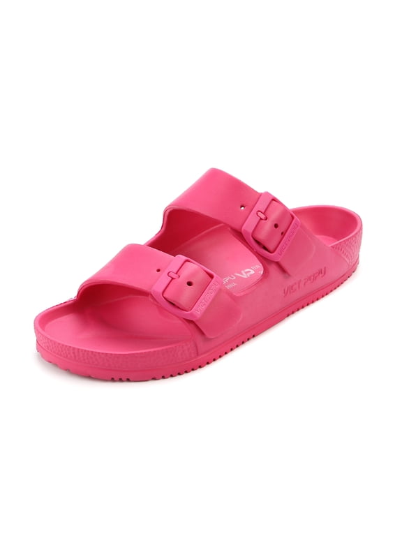 Womens Sandals Adjustable Double Buckle Strap Waterproof EVA Flat Slides,Peach,Sizes 11