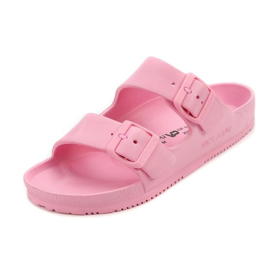 VICT POPU Womens Sandals Adjustable Double Buckle Strap Waterproof EVA Flat Slides，Pink,Sizes 7