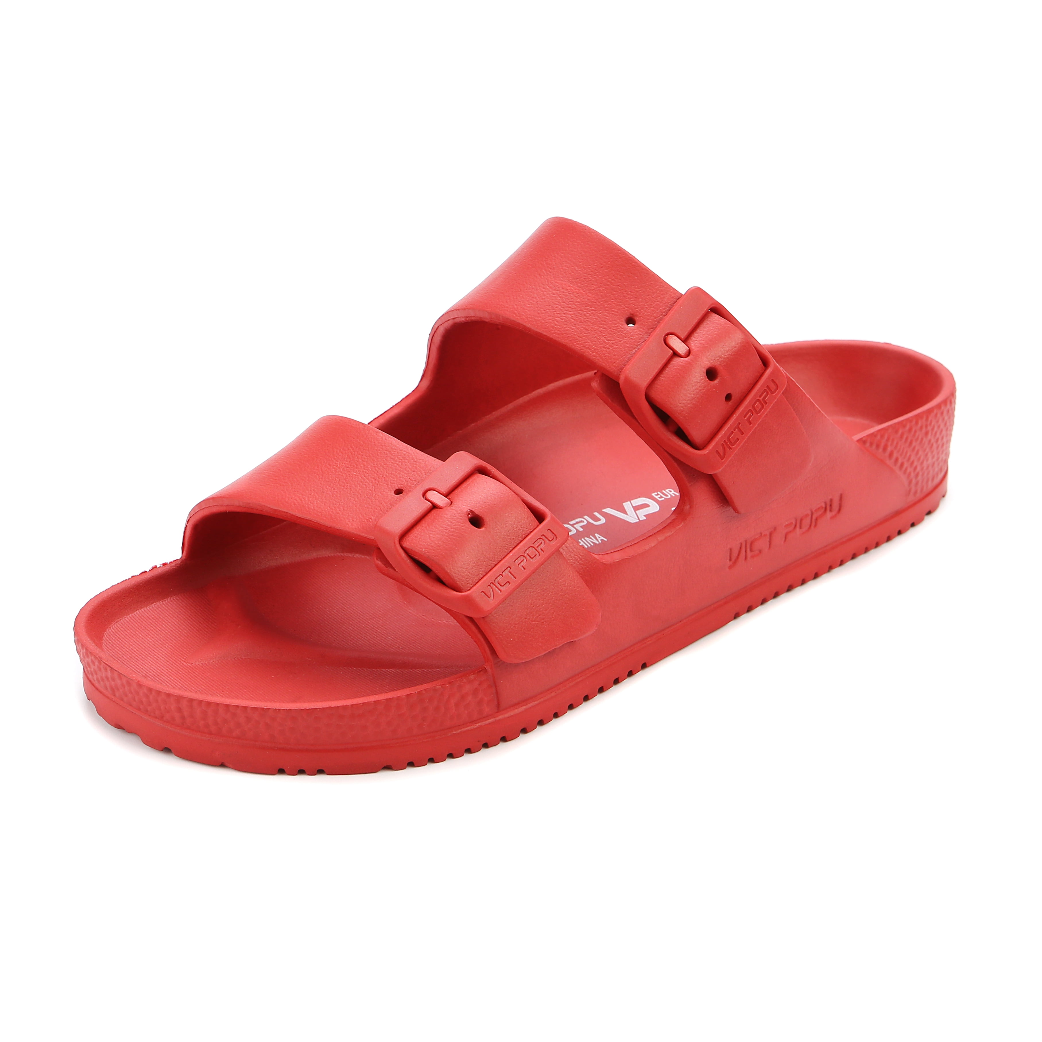 VICT POPU Womens Sandals Adjustable Double Buckle Strap Waterproof EVA Flat Slides，Red,Sizes 6