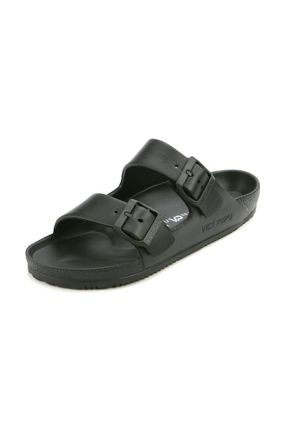 Womens Sandals Adjustable Double Buckle Strap Waterproof EVA Flat Slides，Sizes 6-11