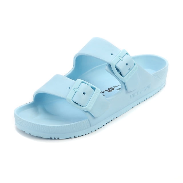 VICT POPU Womens Sandals Adjustable Double Buckle Strap Waterproof EVA Flat Slides，Sky Blue ,Sizes 6