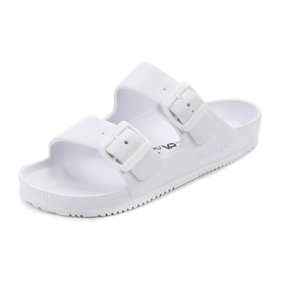 VICT POPU Womens Sandals Adjustable Double Buckle Strap Waterproof EVA Flat Slides,White,Sizes 10