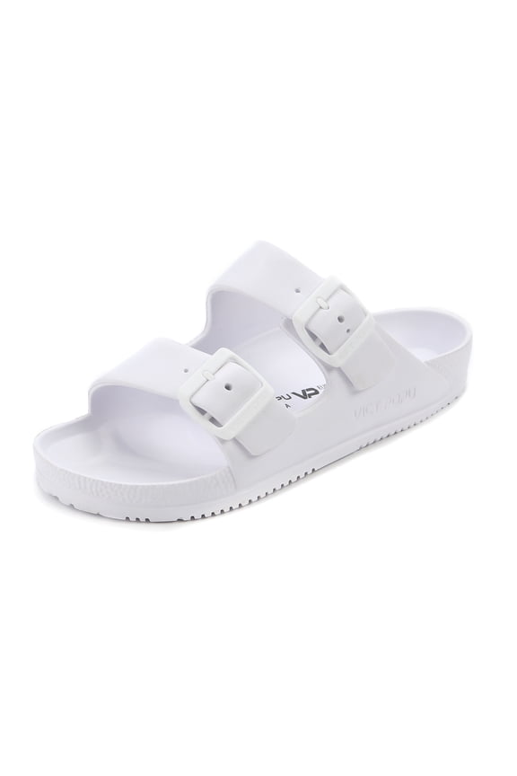 Womens Sandals Adjustable Double Buckle Strap Waterproof EVA Flat Slides，White,Sizes 9