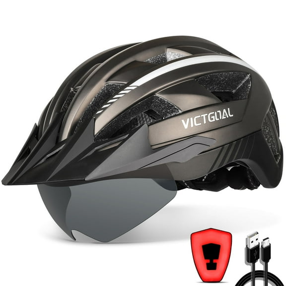 VICTGOAL Bike Helmet with Visor and Goggles USB Rechargeable Light for Adult Men Women