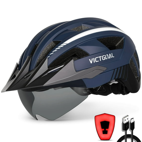 VICTGOAL Bike Helmet with Visor and Goggles USB Rechargeable Light for Adult Men Women