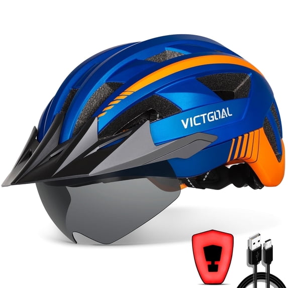 VICTGOAL Bike Helmet with Visor and Goggles USB Rechargeable Light for Adult Men Women