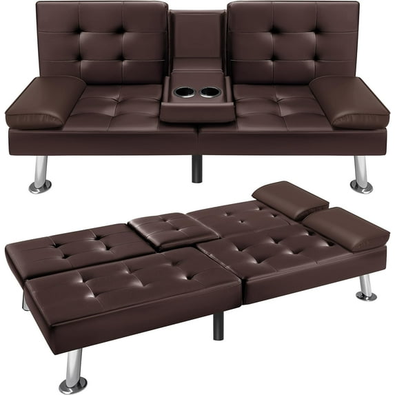 VICTONE Futon Sofa Bed Modern Faux Leather Couch Bed Convertible Folding Recliner for Living Room with 2 Cup Holders and Armrest (Brown)