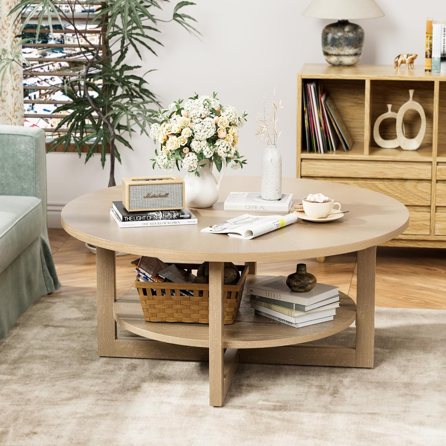 VICTONE Round Wood Coffee Table, 2-Tier Solid Wooden Circle Coffee Table for Living Room ...