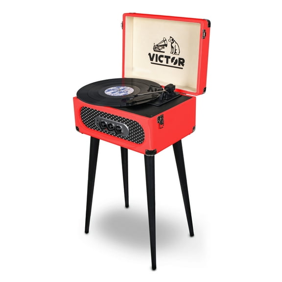 Open Box VICTOR Andover 5-in-1 Turntable Music Center with 3-Speed Record Player, FM Radio, Dual Bluetooth In & Out, Built-in Stereo Speakers, and Chair Height Legs, Red (VWRP-3200-RD)