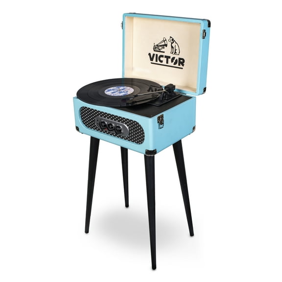 Open Box VICTOR Andover 5-in-1 Turntable Music Center with 3-Speed Record Player, FM Radio, Dual Bluetooth In & Out, Built-in Stereo Speakers, and Chair Height Legs, Turquoise (VWRP-3200-TQ)