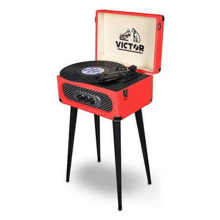 VICTOR Andover 5-in-1 Turntable Music Center with 3-Speed Record Player, FM Radio, Dual Bluetooth In & Out, Built-in Stereo Speakers, and Chair Height Legs, Red (VWRP-3200-RD)