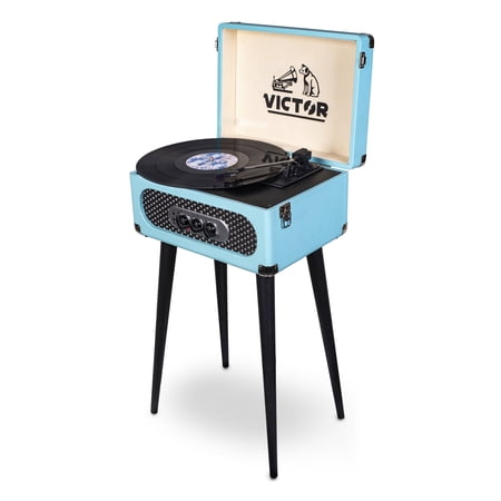 VICTOR Andover 5-in-1 Turntable Music Center with 3-Speed Record Player, FM Radio, Dual Bluetooth In & Out, Built-in Stereo Speakers, and Chair Height Legs, Turquoise (VWRP-3200-TQ)