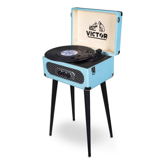 VICTOR Andover 5-in-1 Turntable Music Center with 3-Speed Record Player, FM Radio, Dual Bluetooth In & Out, Built-in Stereo Speakers, and Chair Height Legs, Turquoise (VWRP-3200-TQ)